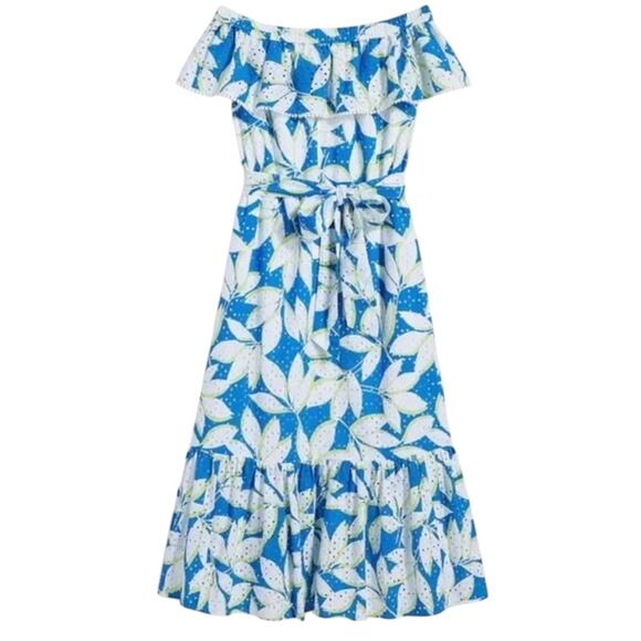 Draper James Sapphire Blue Eyelet Off The Shoulder Midi Flounce Dress - Picture 4 of 12